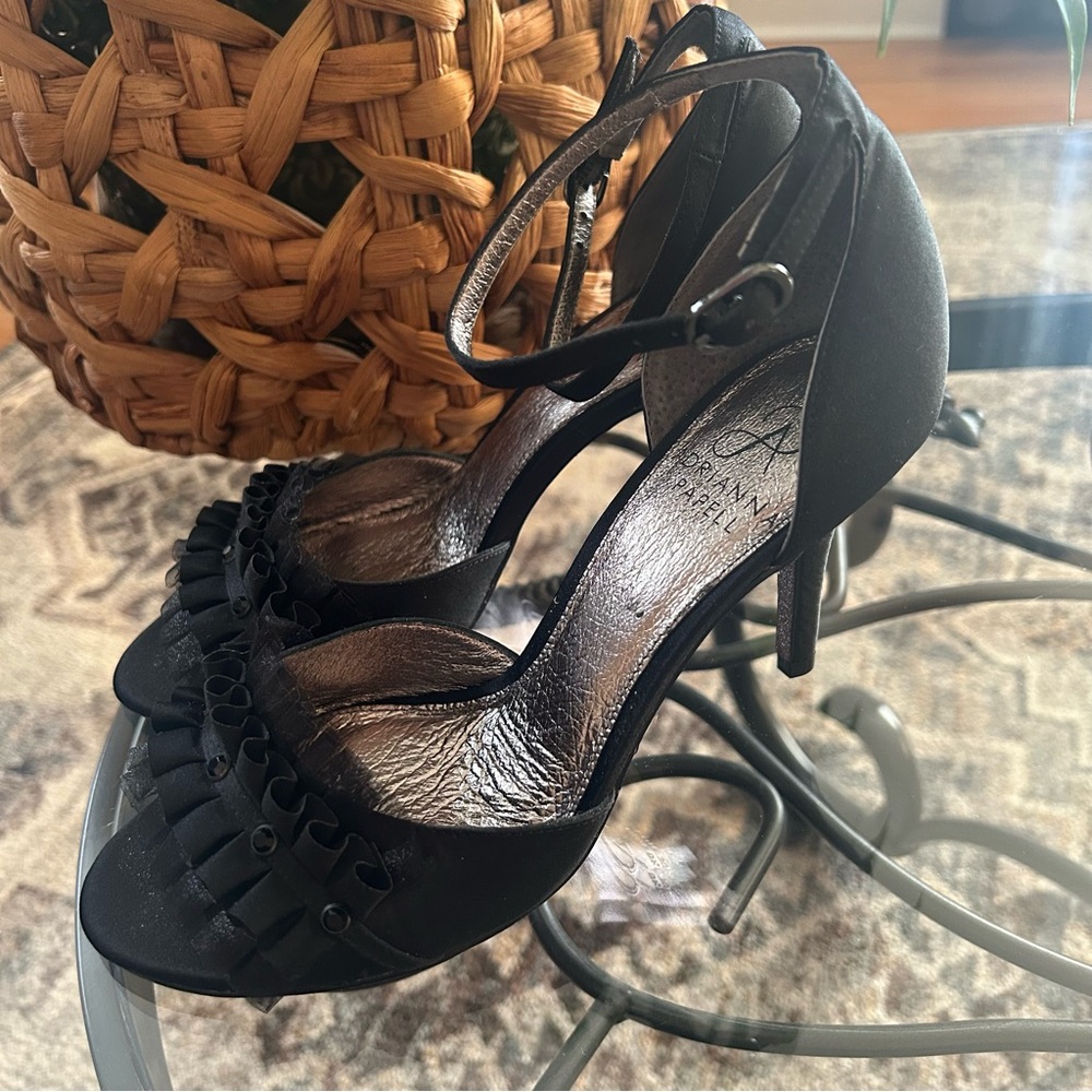 Adrianna Papell Black Satin Peep-toe Ankle Strap Heels with Beaded Ruffles - Picture 4 of 7